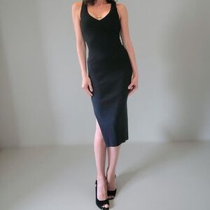 V-Neck Black Good American Ribbed Dress With Ties